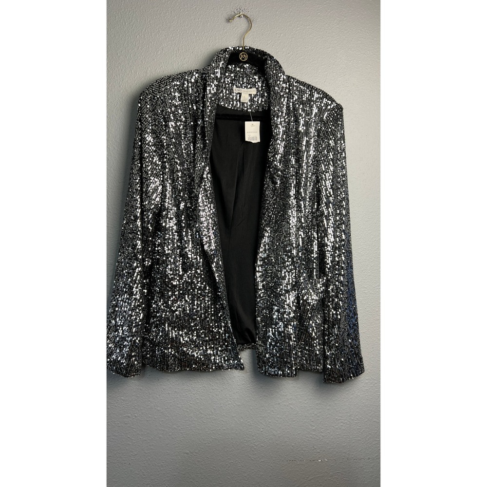 NWT Cato Lg Party Silver Flashy Sequin Blazer Open Front Shawl Collar Jacket